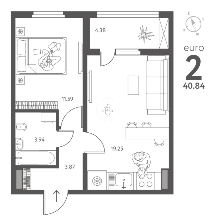 2-комнатная 40.8 м2 в ЖК undefined корпус null этаж 13