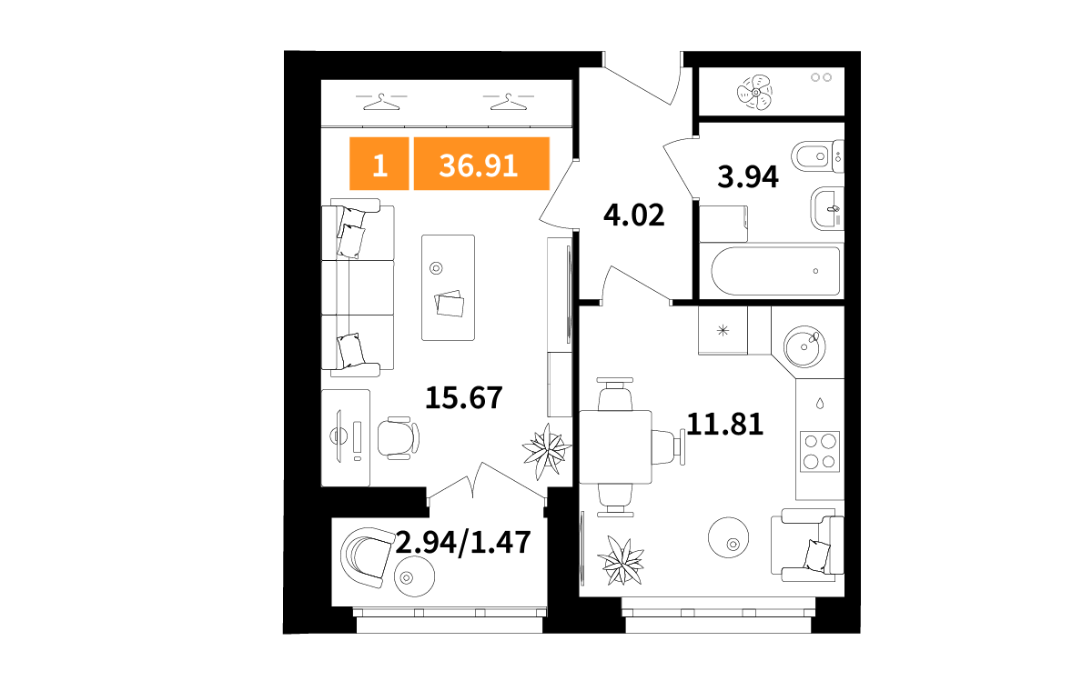 1-комнатная 36 м2 в ЖК Планерный квартал корпус null этаж 6