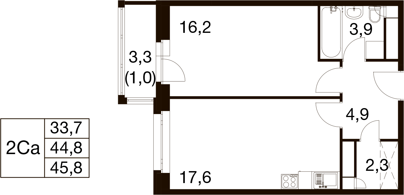 1-комнатная 44 м2 в ЖК Идеал корпус null этаж 4