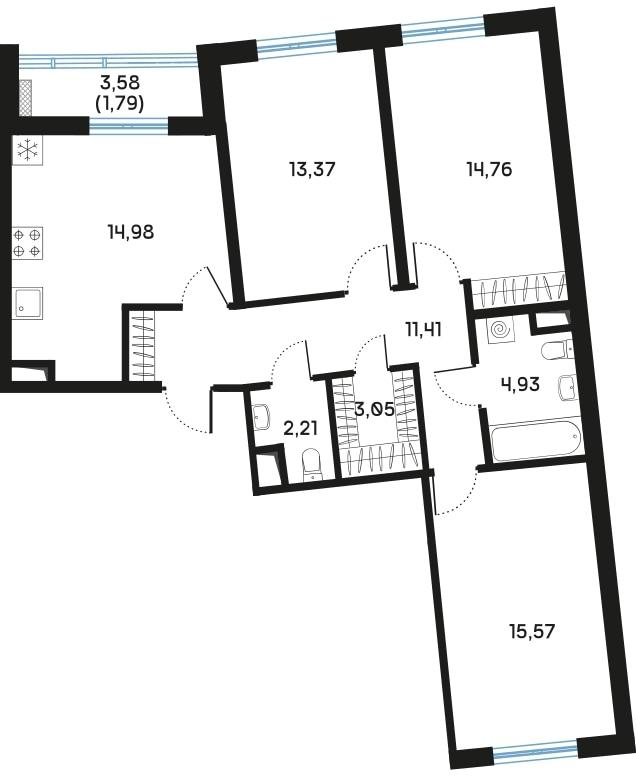 3-комнатная 82 м2 в ЖК Регенбоген корпус null этаж 4
