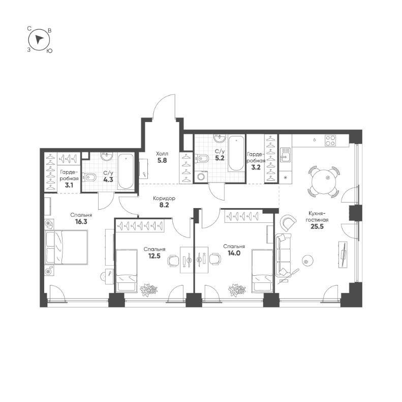 3-комнатная 98.1 м2 в ЖК undefined корпус null этаж 20