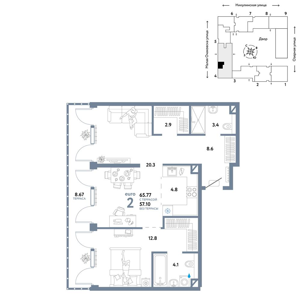 2-комнатная 65 м2 в ЖК Страна.Озёрная корпус null этаж 8