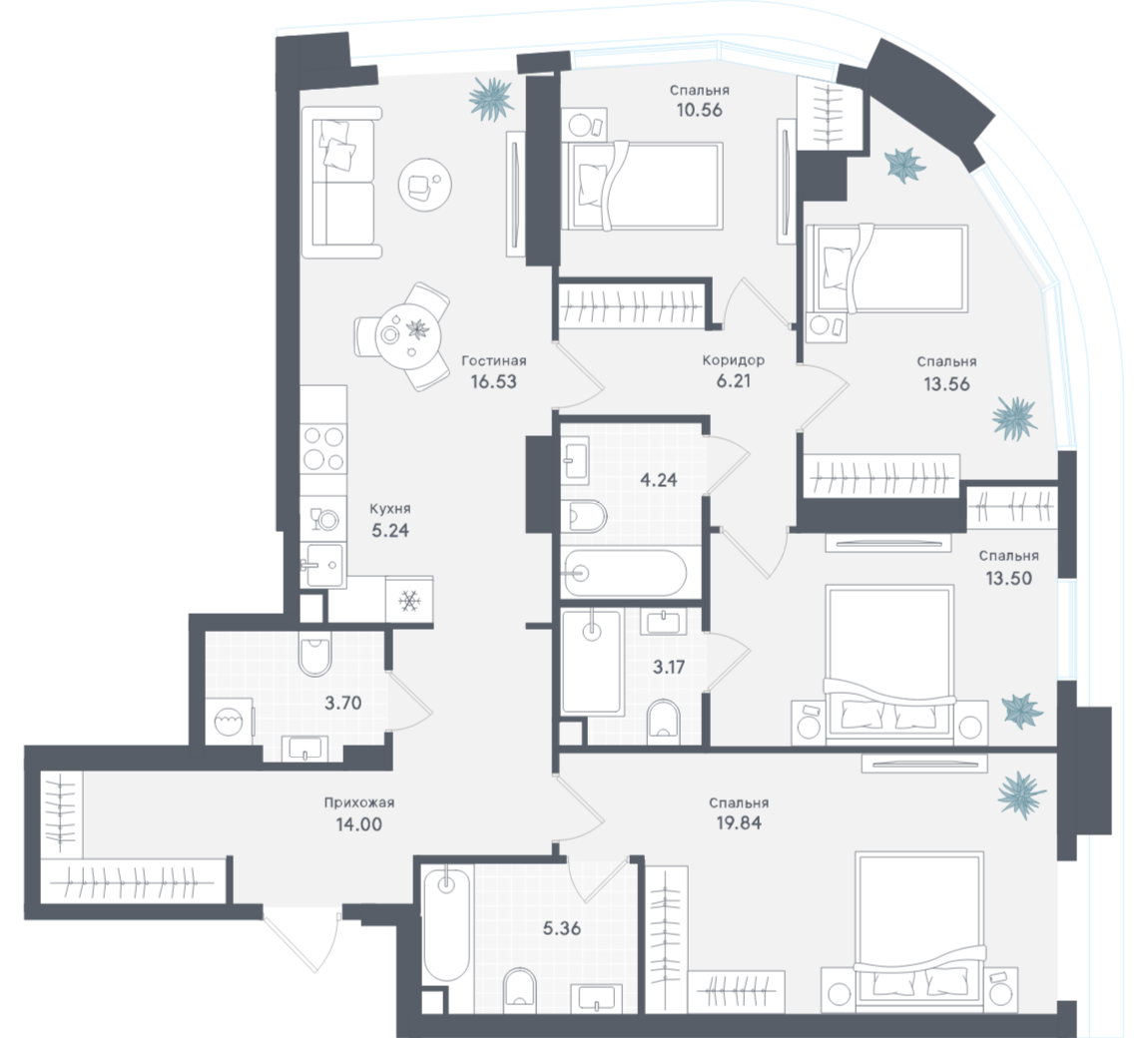 4-комнатная 115 м2 в ЖК Solos корпус null этаж 36