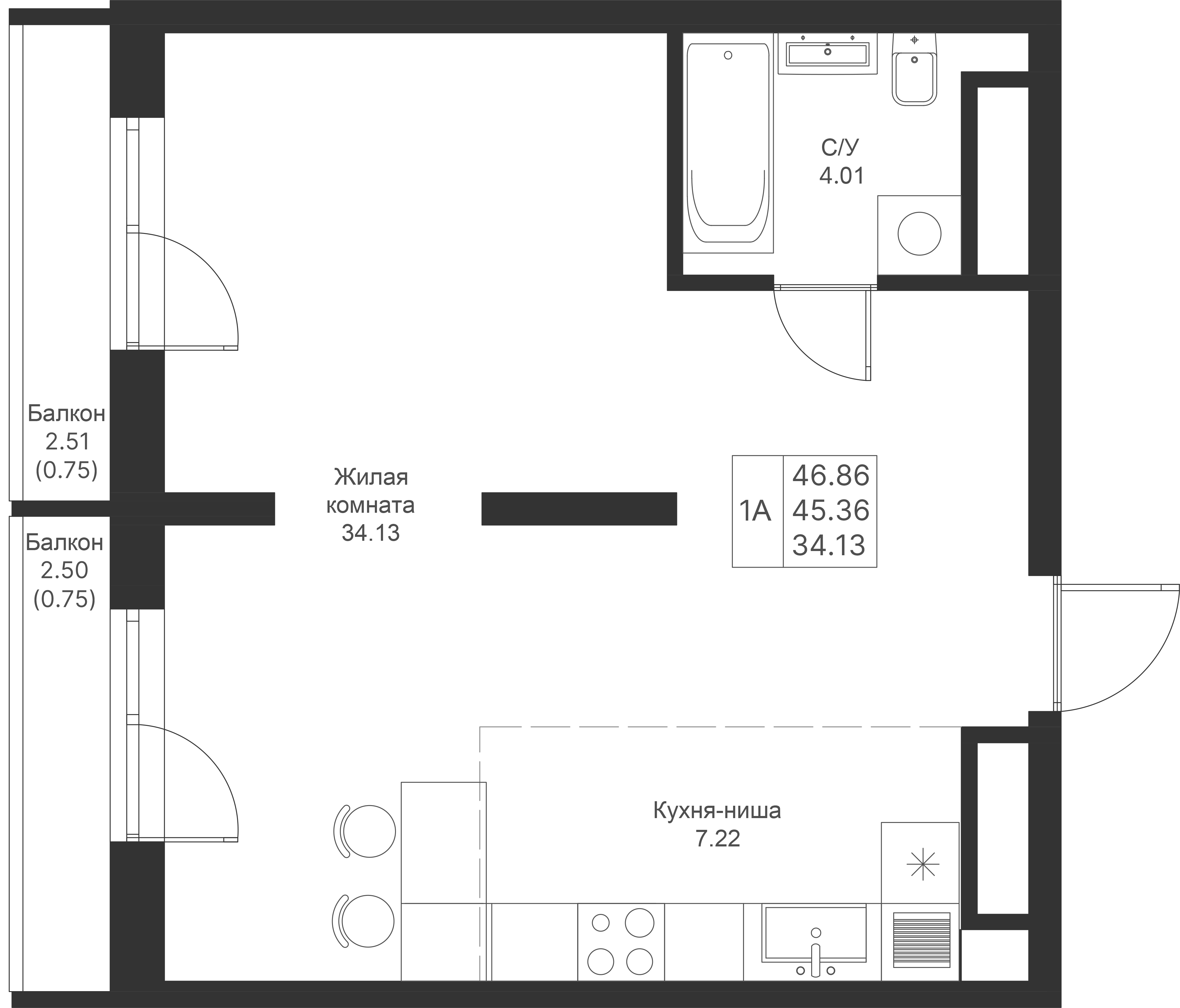 Студия 46 м2 в ЖК Мой Ритм корпус null этаж 15