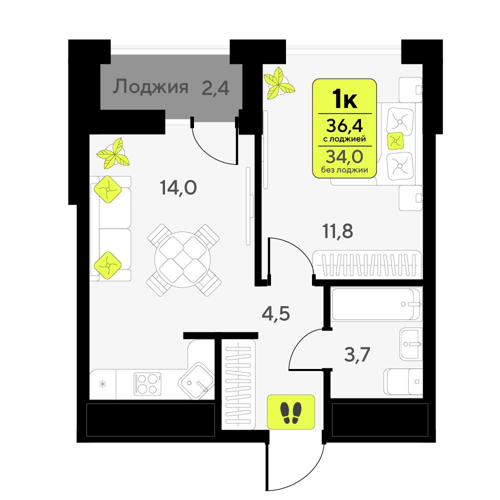 1-комнатная 36 м2 в ЖК Мотивы корпус null этаж 13