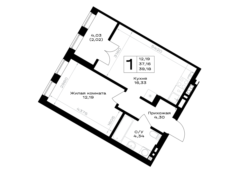 1-комнатная 39 м2 в ЖК Включи корпус null этаж 3