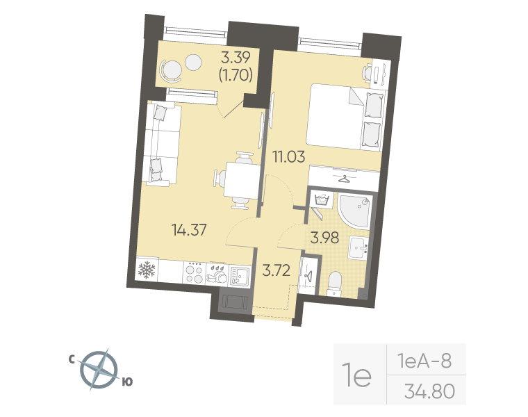 1-комнатная 34 м2 в ЖК Бульвар Грина корпус null этаж 5