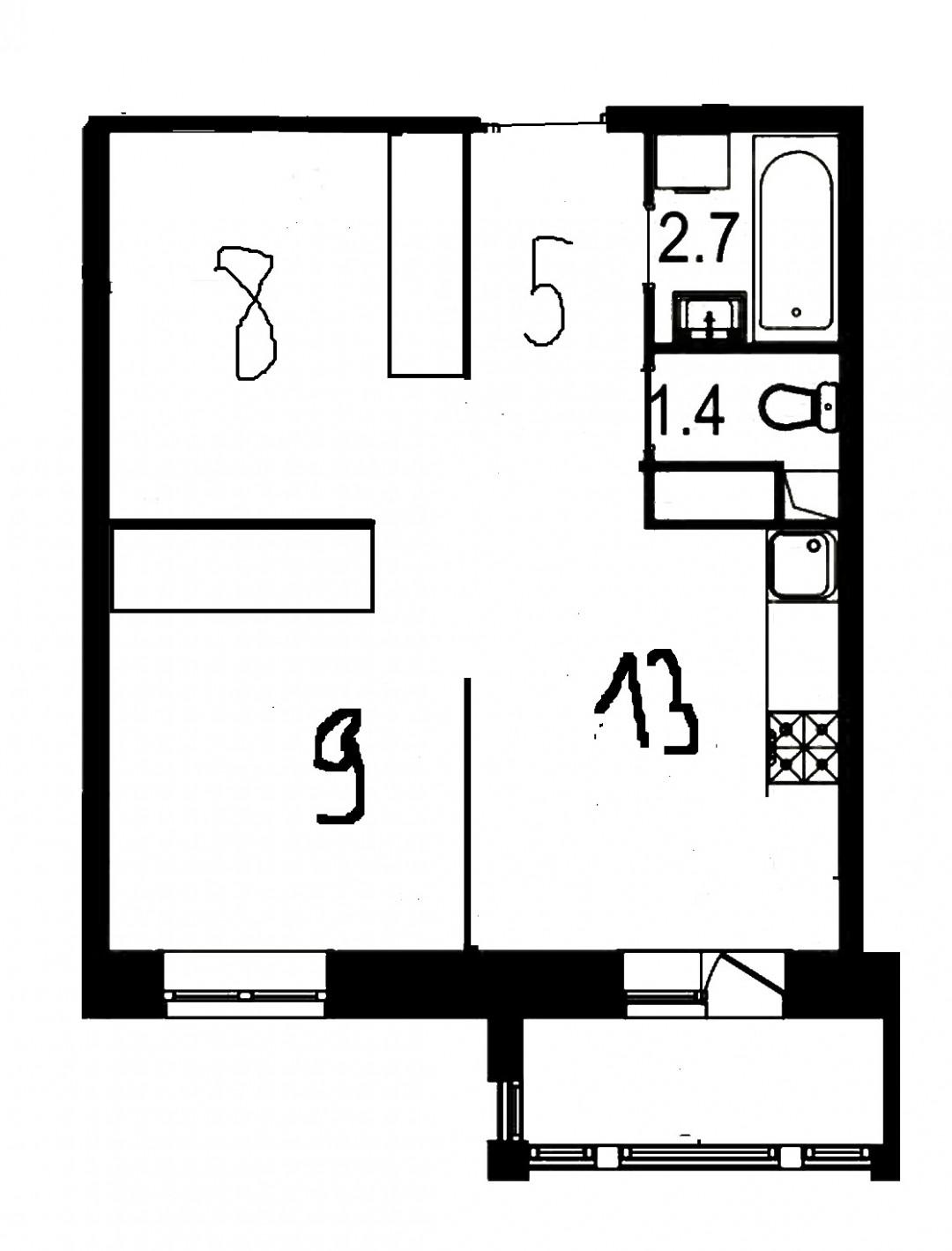 1-комнатная 39 м2 в ЖК undefined корпус null этаж 7
