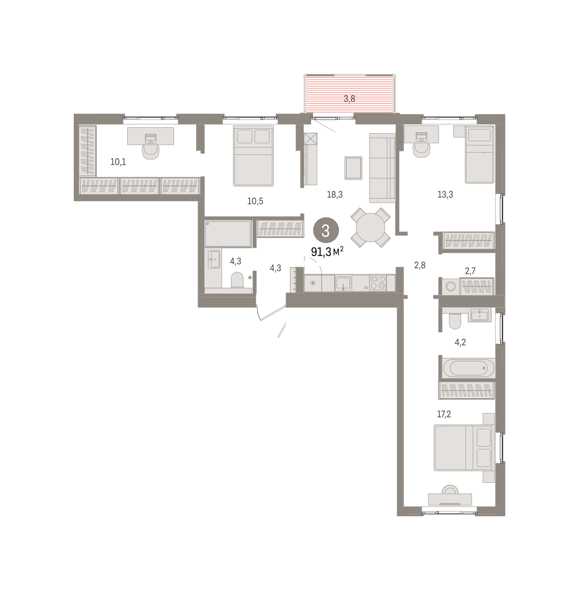 3-комнатная 91 м2 в ЖК Брусника в Новоселье корпус null этаж 7