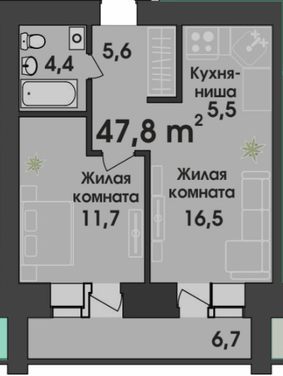 2-комнатная 47.8 м2 в ЖК undefined корпус null этаж 5