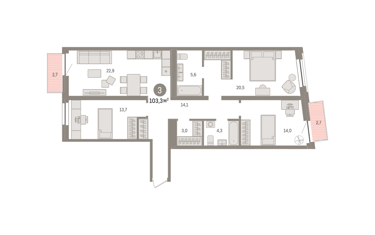 3-комнатная 103 м2 в ЖК Речной порт корпус null этаж 7