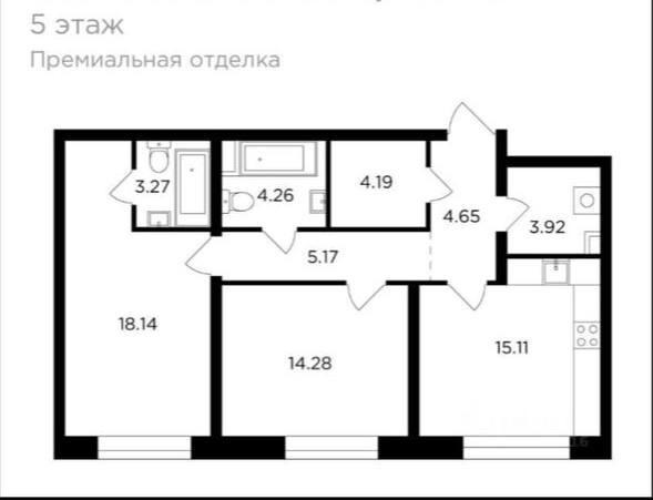 3-комнатная 74 м2 в ЖК undefined корпус null этаж 5