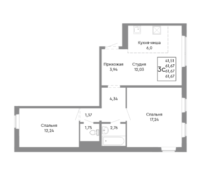 2-комнатная 62.1 м2 в ЖК undefined корпус null этаж 10
