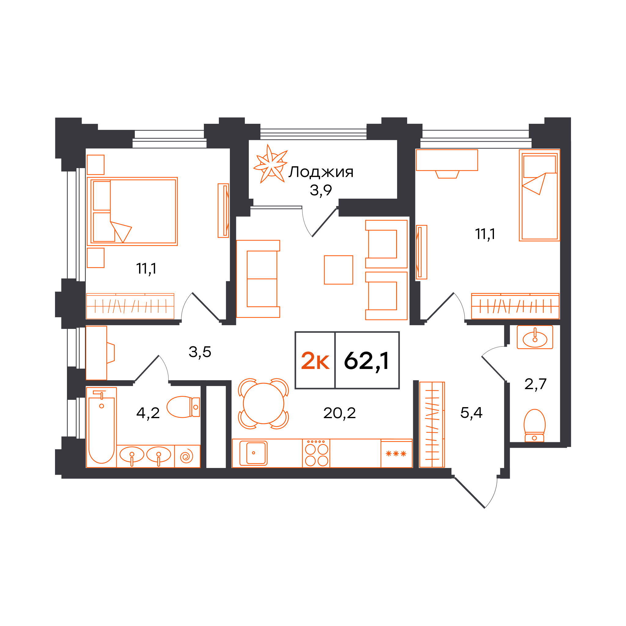 2-комнатная 62 м2 в ЖК Александровский корпус null этаж 3