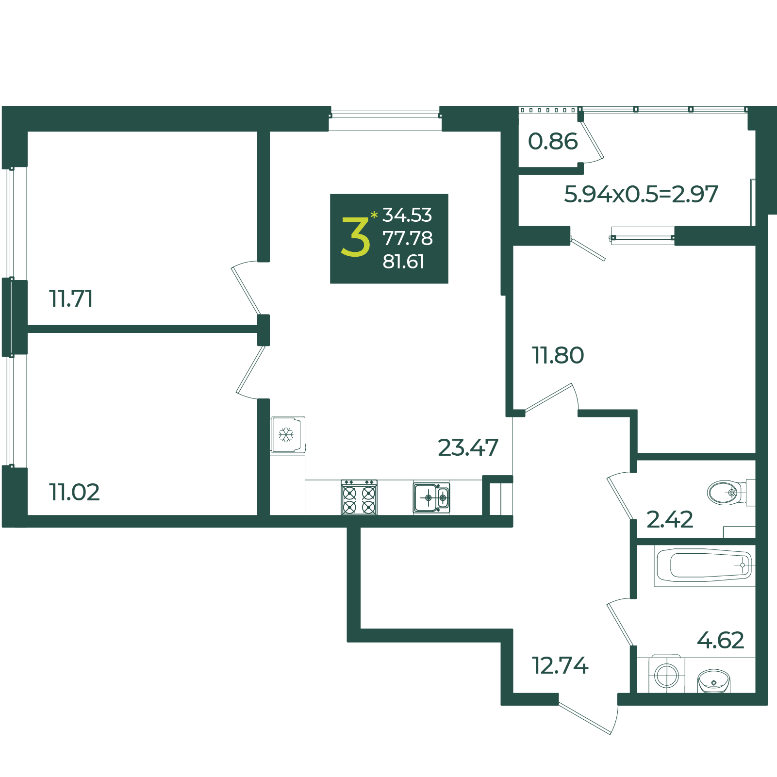 3-комнатная 81 м2 в ЖК Образцово корпус null этаж 3
