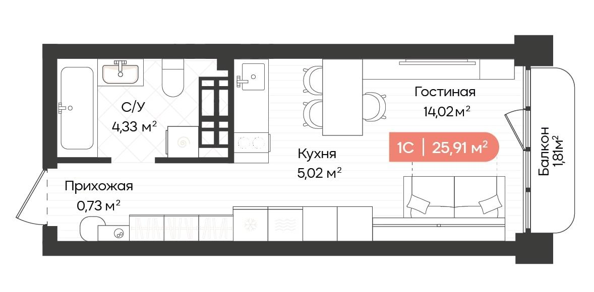 1-комнатная 25 м2 в ЖК Balance корпус null этаж 16