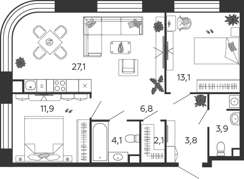 2-комнатная 72 м2 в ЖК Shagal корпус null этаж 23