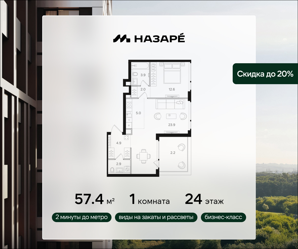 1-комнатная 57 м2 в ЖК НАЗАРÉ корпус null этаж 24