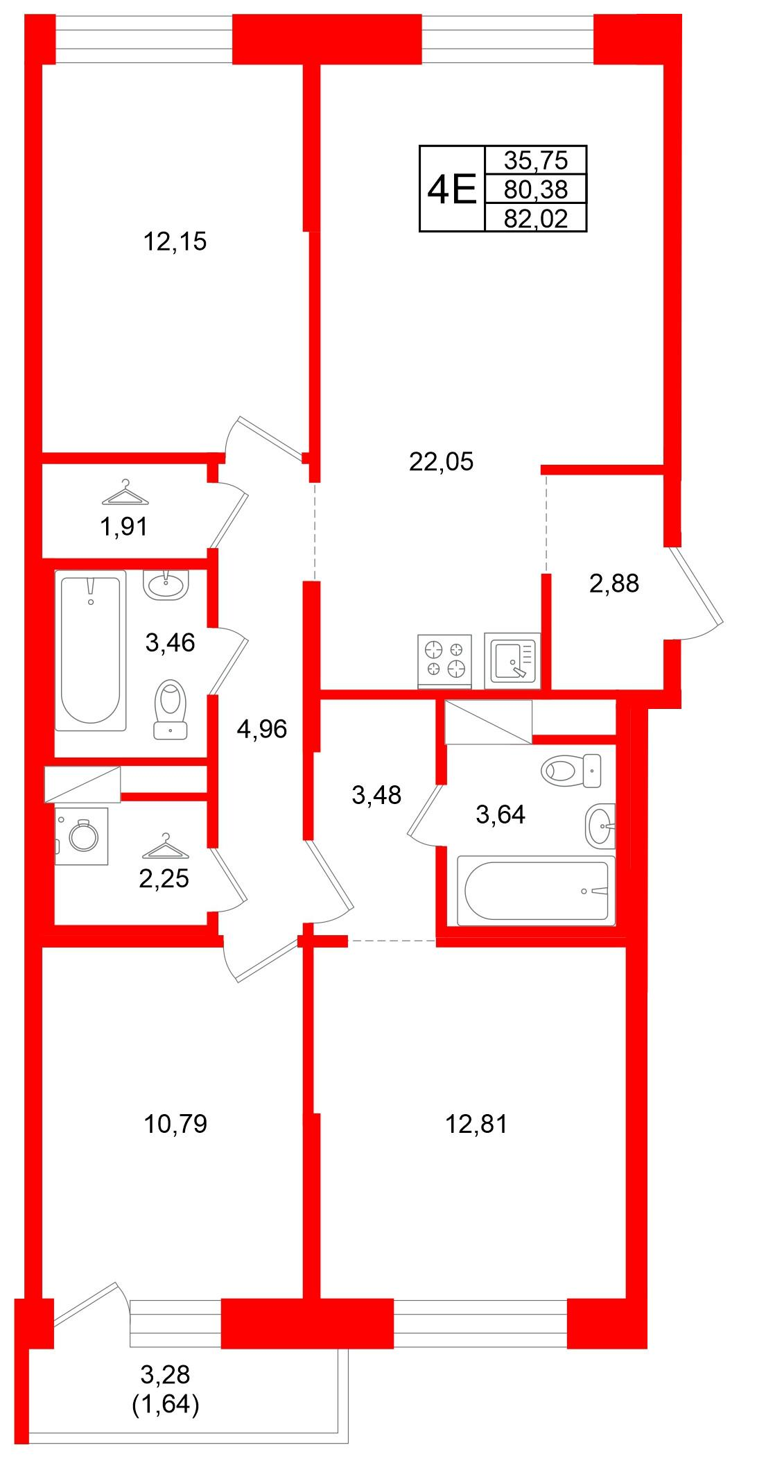 3-комнатная 82 м2 в ЖК Юнтолово корпус null этаж 3
