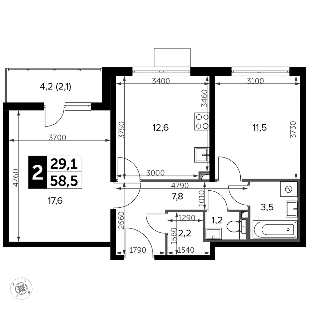 2-комнатная 59 м2 в ЖК Южная Битца корпус null этаж 3