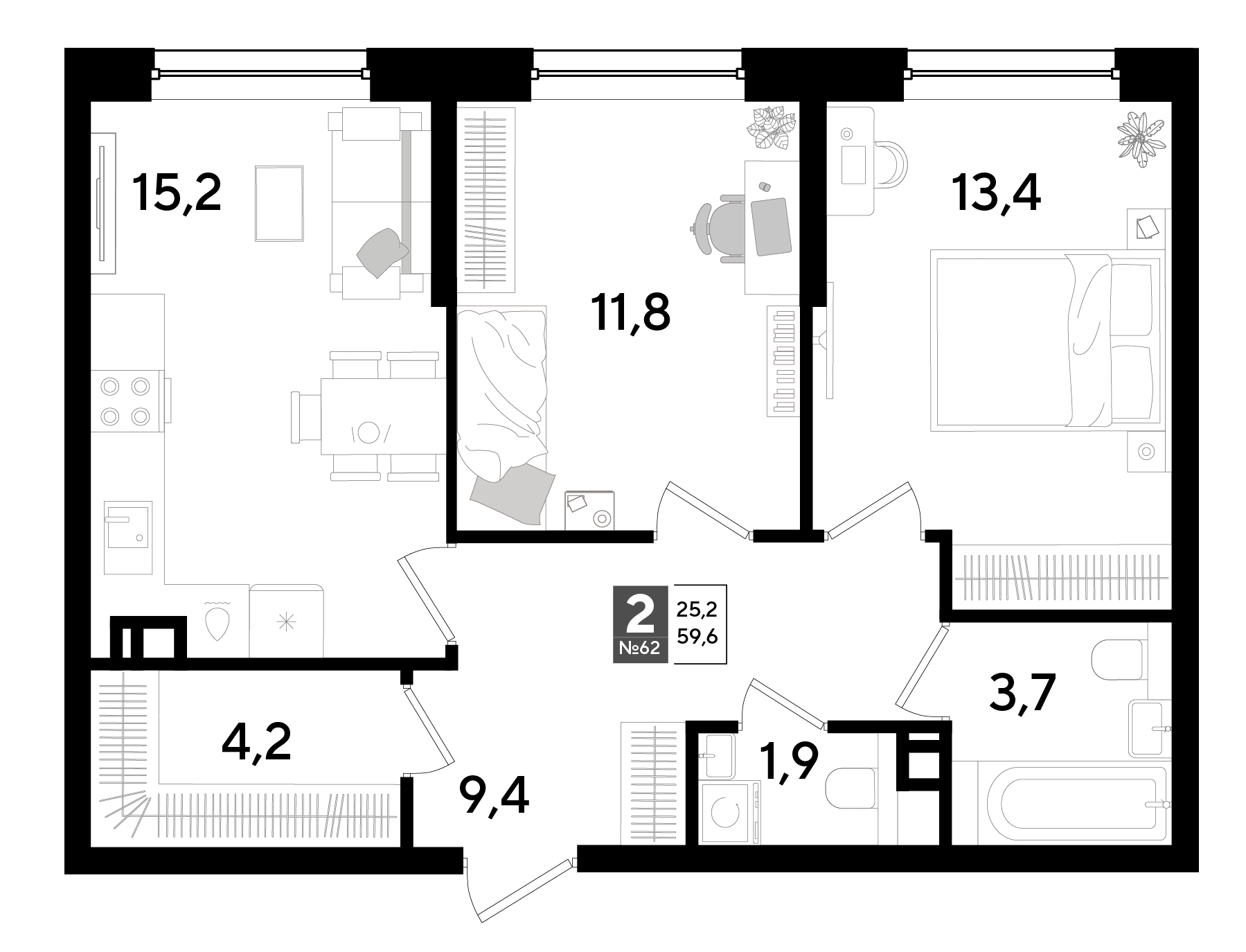 2-комнатная 59 м2 в ЖК Догма Парк корпус null этаж 9