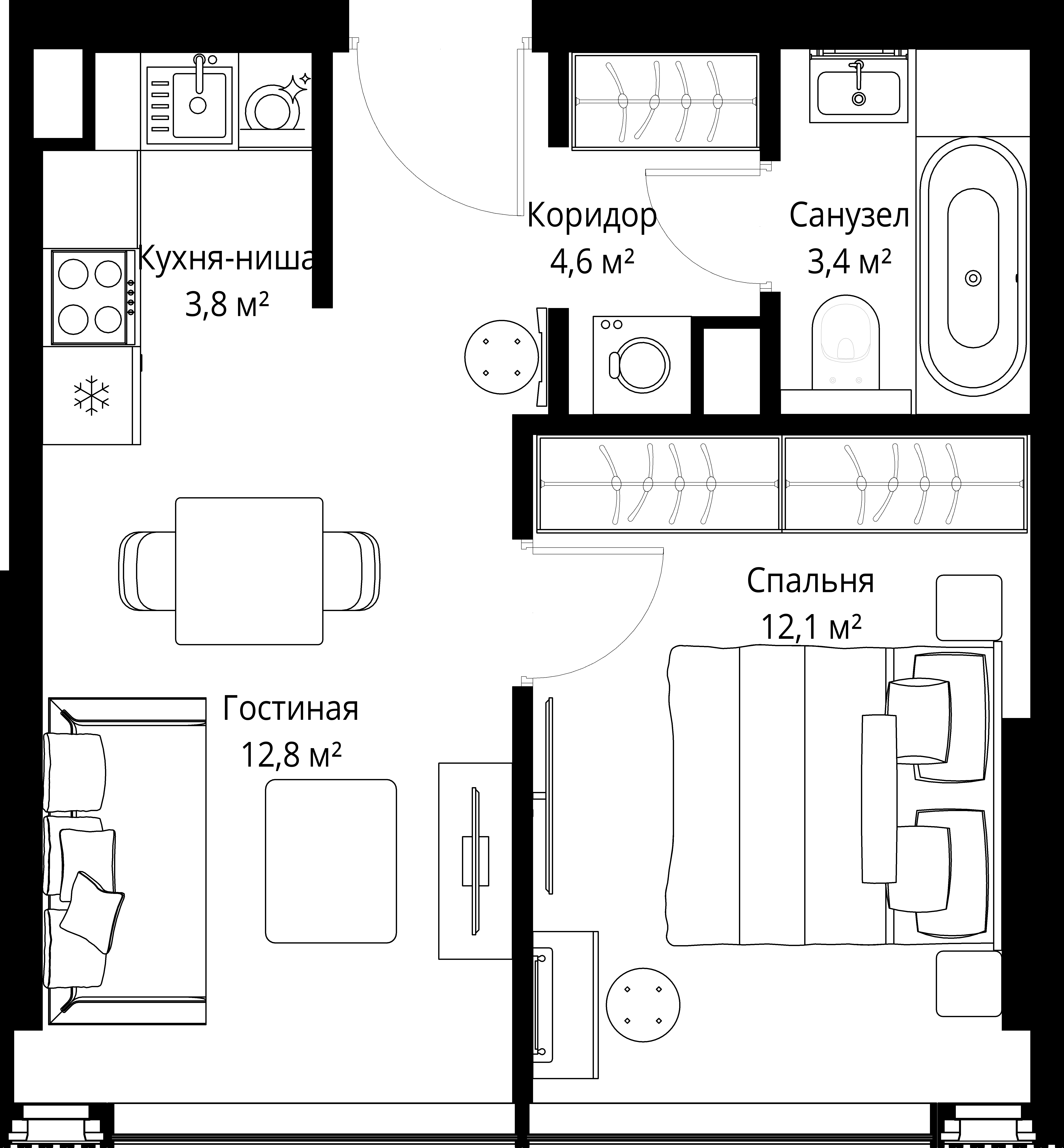1-комнатная 36 м2 в ЖК СЛАВА корпус null этаж 3
