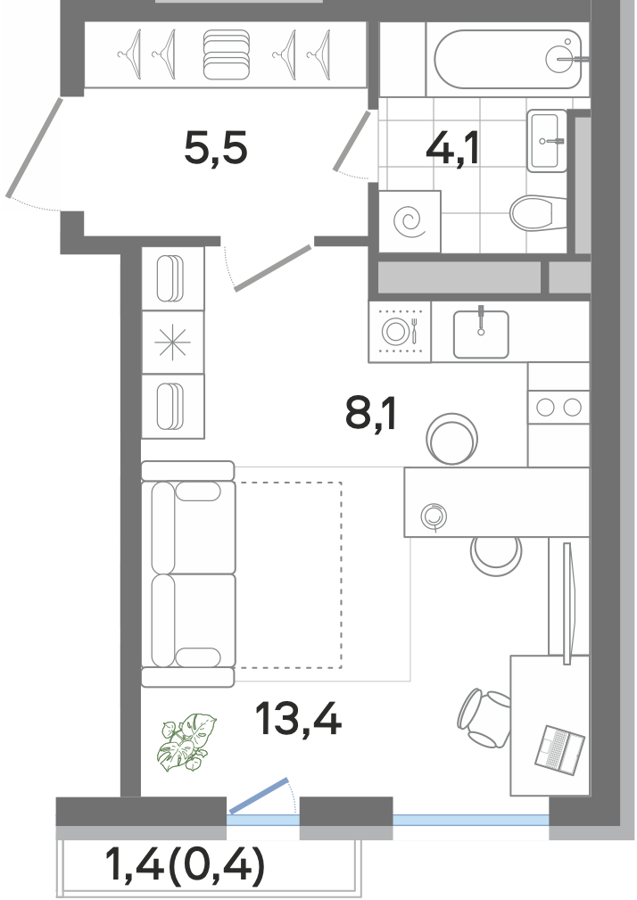 2-комнатная 32 м2 в ЖК G3 Театральный корпус null этаж 4