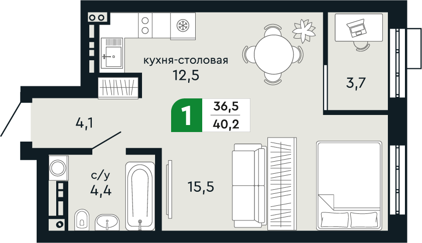 1-комнатная 40 м2 в ЖК Green Park корпус null этаж 3