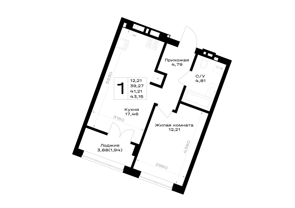 1-комнатная 41 м2 в ЖК Включи корпус null этаж 2