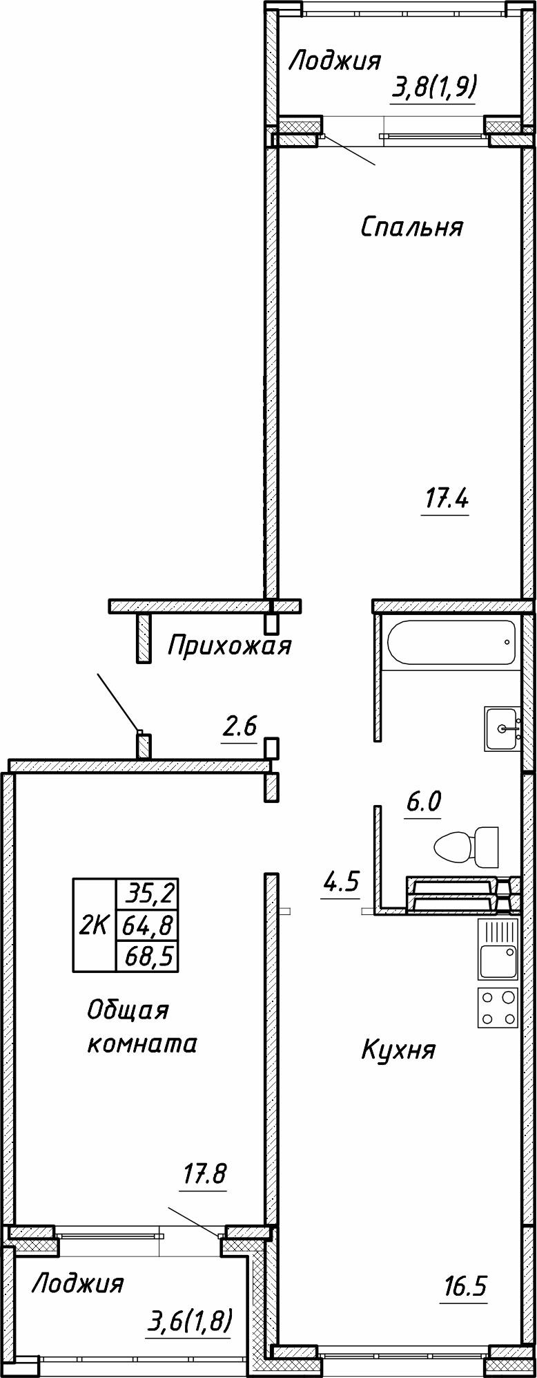 2-комнатная 68 м2 в ЖК Квартет корпус null этаж 15