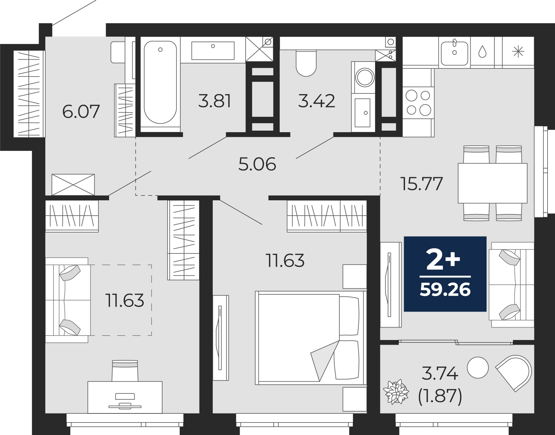 2-комнатная 57 м2 в ЖК Прео корпус null этаж 14