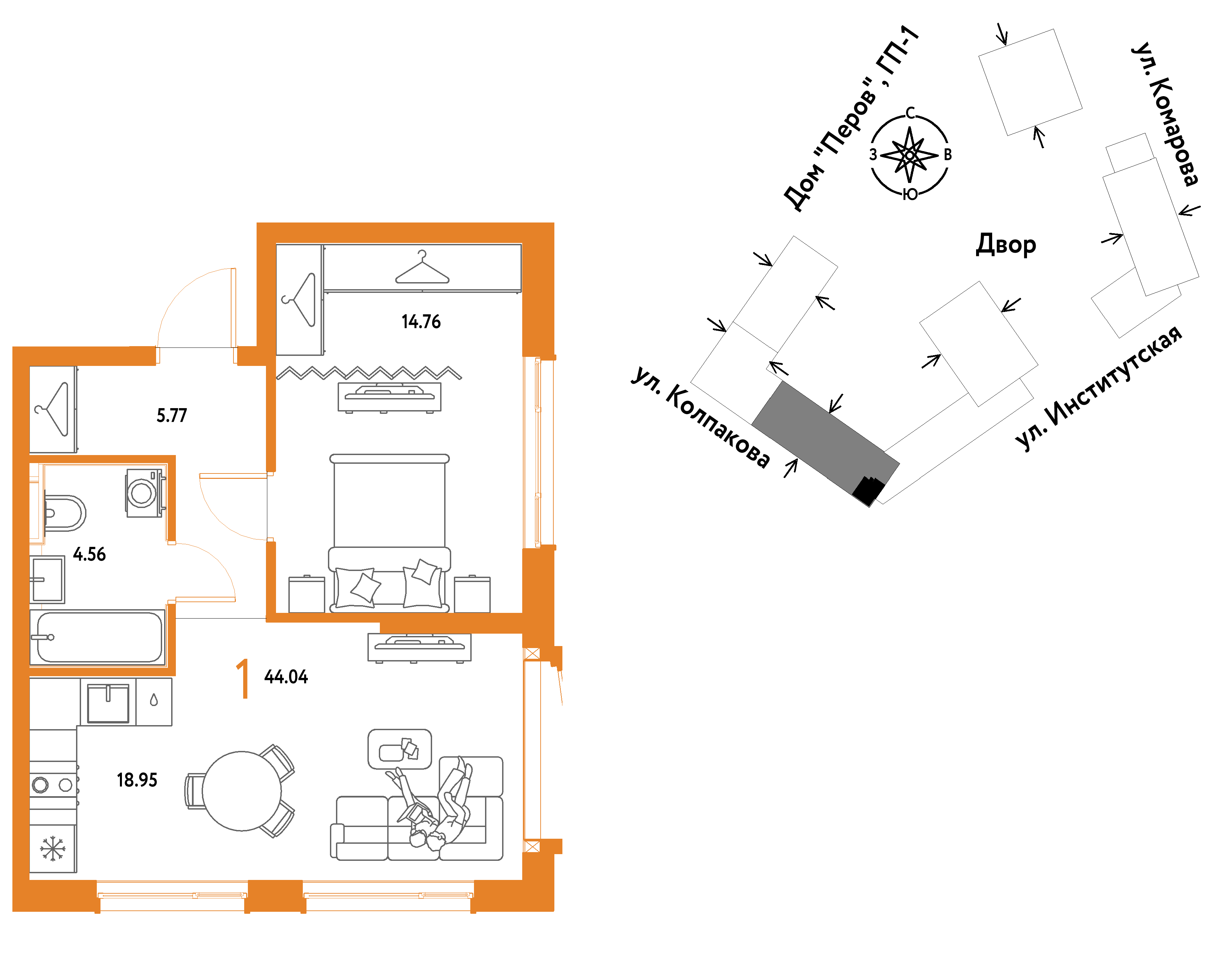 1-комнатная 44 м2 в ЖК Страна.Парковая корпус null этаж 9
