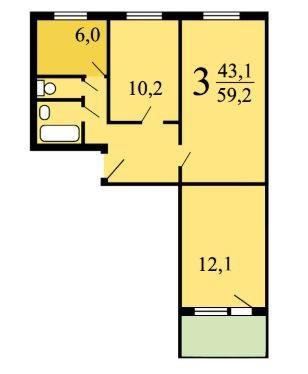 3-комнатная 59.2 м2 в ЖК undefined корпус null этаж 9