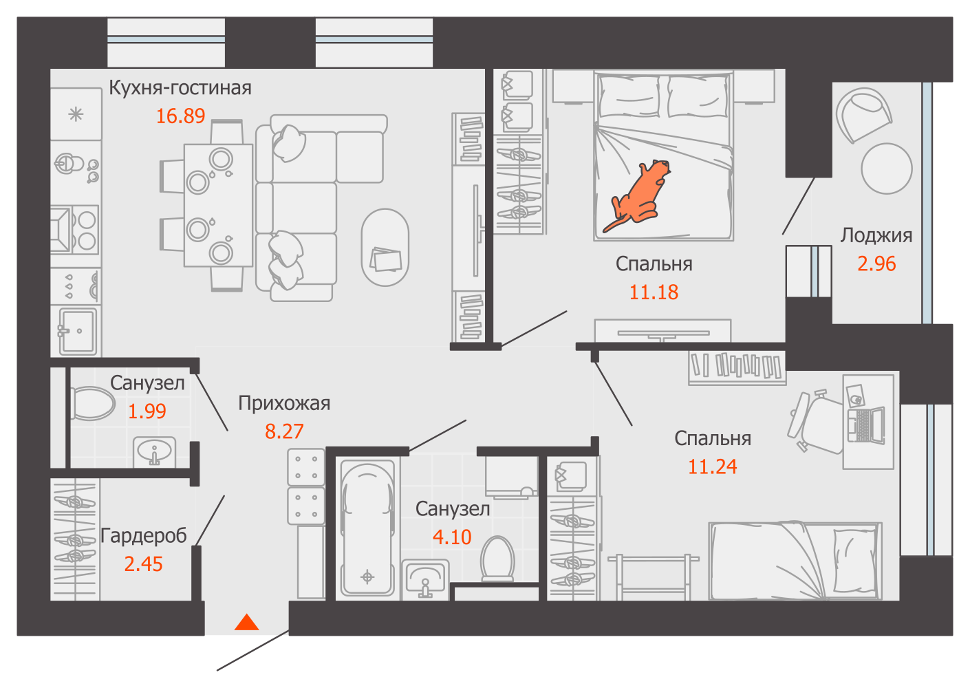 3-комнатная 58 м2 в ЖК ZNAK корпус null этаж 7