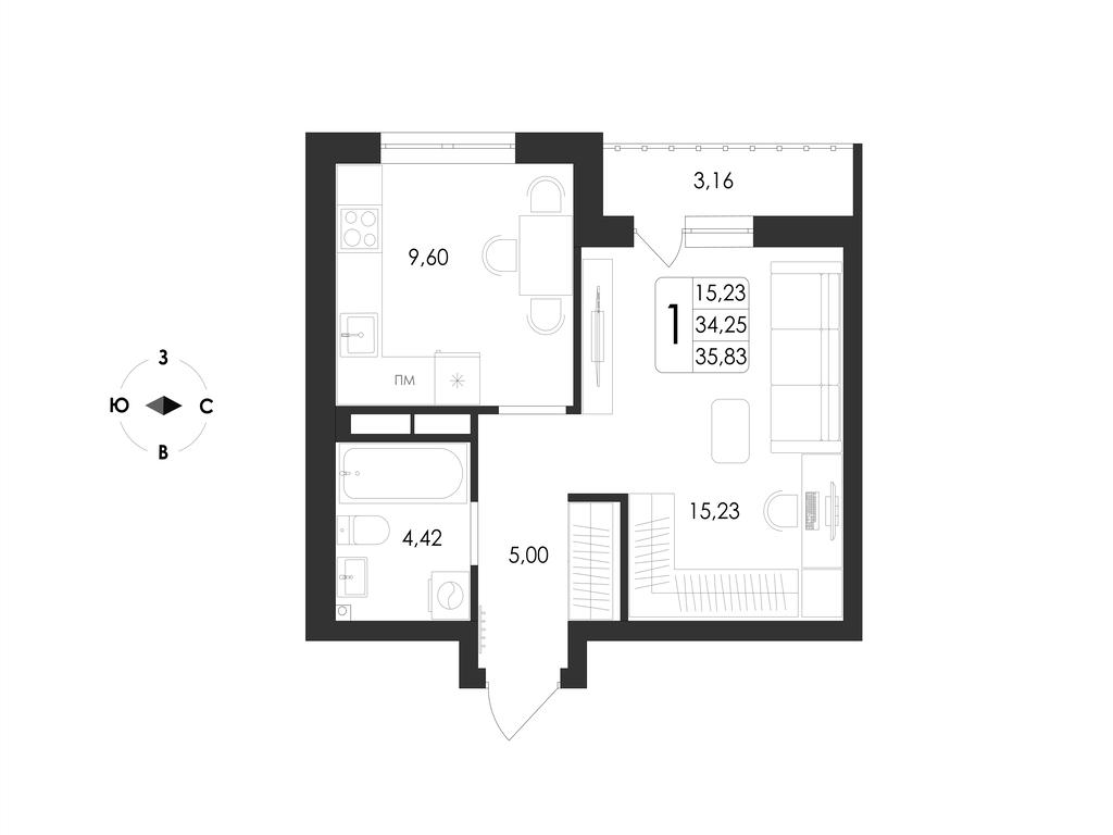 1-комнатная 35 м2 в ЖК Май корпус null этаж 14
