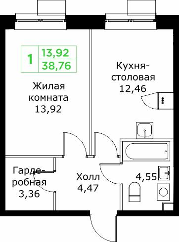 1-комнатная 38 м2 в ЖК Кит корпус null этаж 17