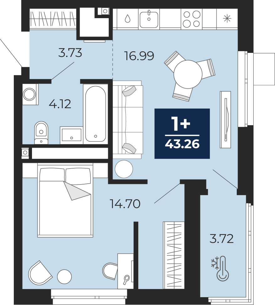 1-комнатная 39 м2 в ЖК Мириады корпус null этаж 7
