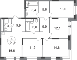4-комнатная 104 м2 в ЖК Первый Московский корпус null этаж 22