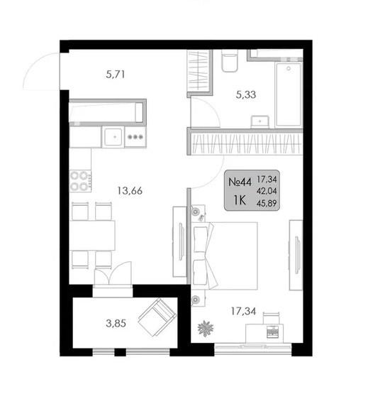 1-комнатная 45.9 м2 в ЖК undefined корпус null этаж 1