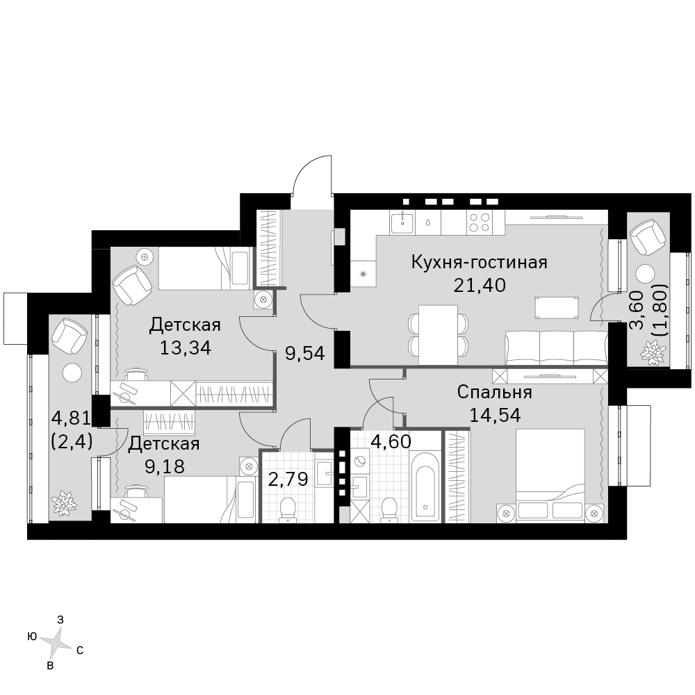 3-комнатная 81 м2 в ЖК Жаворонки Клаб корпус null этаж 2