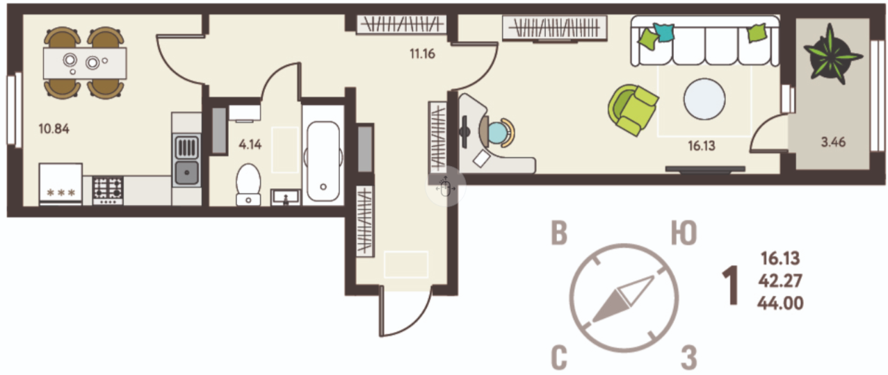 1-комнатная 44 м2 в ЖК undefined корпус null этаж 12