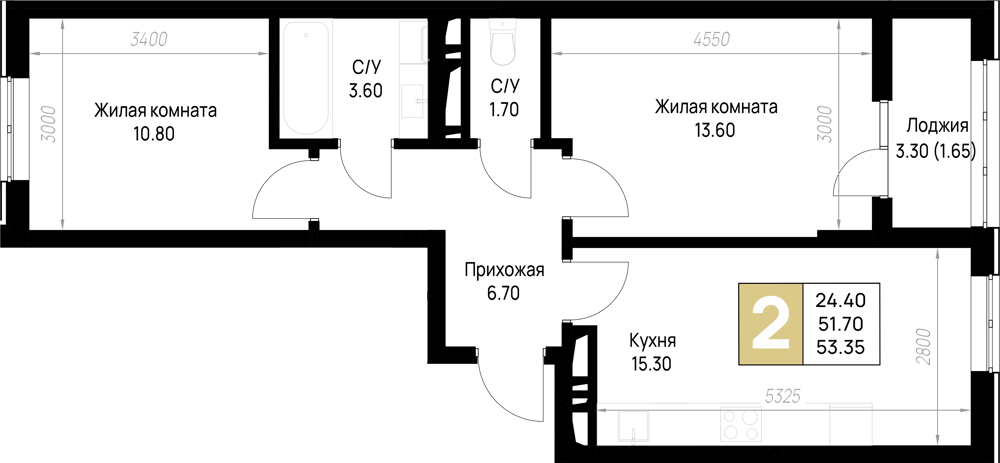 2-комнатная 53 м2 в ЖК На Высоком берегу корпус null этаж 11
