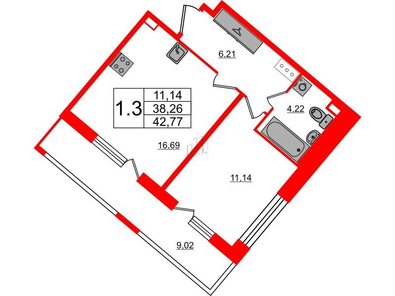 1-комнатная 38 м2 в ЖК Пульс Премьер корпус null этаж 3
