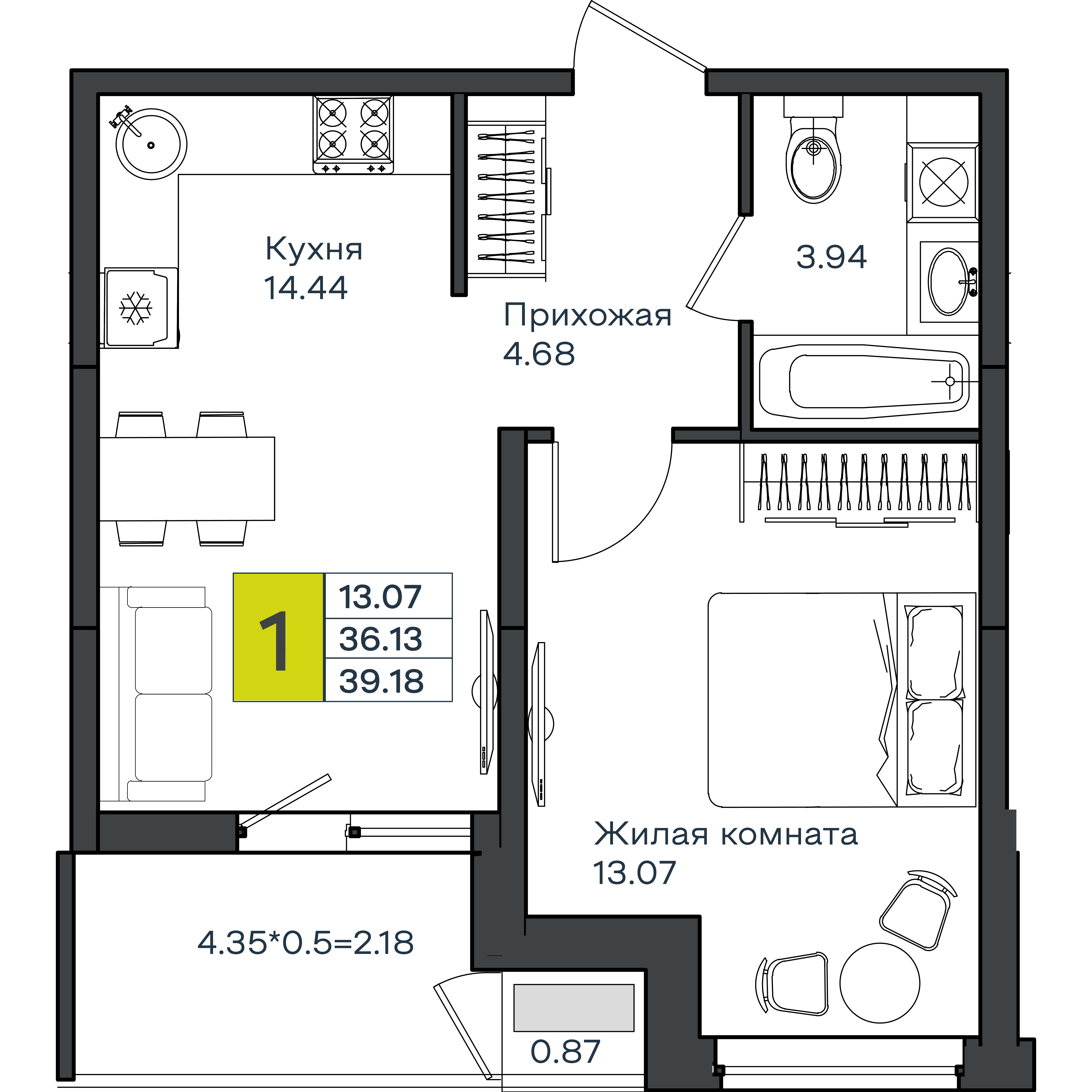 1-комнатная 39 м2 в ЖК МОНО Квартал корпус null этаж 6