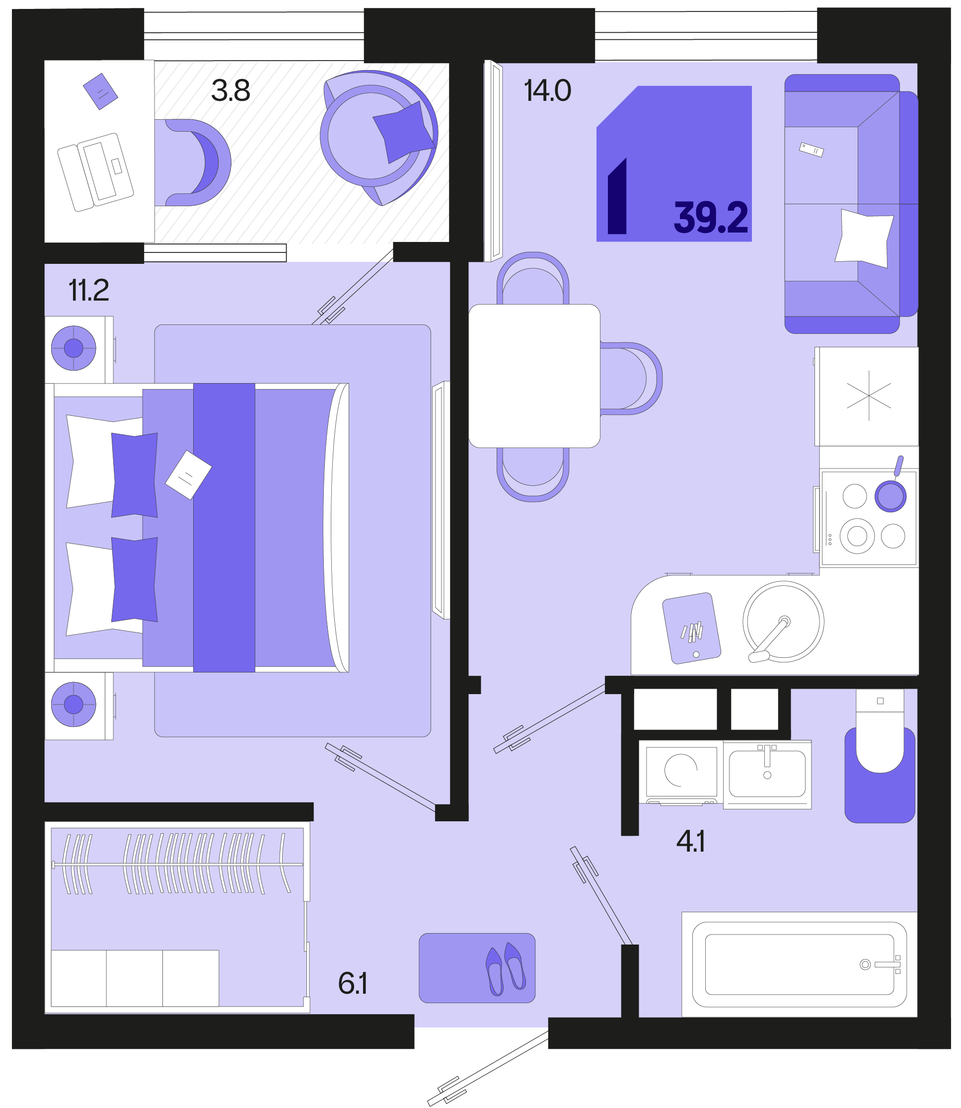 1-комнатная 39 м2 в ЖК Первое место корпус null этаж 5