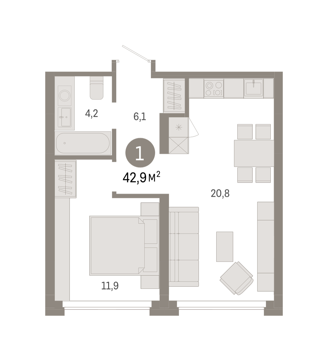 1-комнатная 42 м2 в ЖК Квартал Нефть корпус null этаж 2