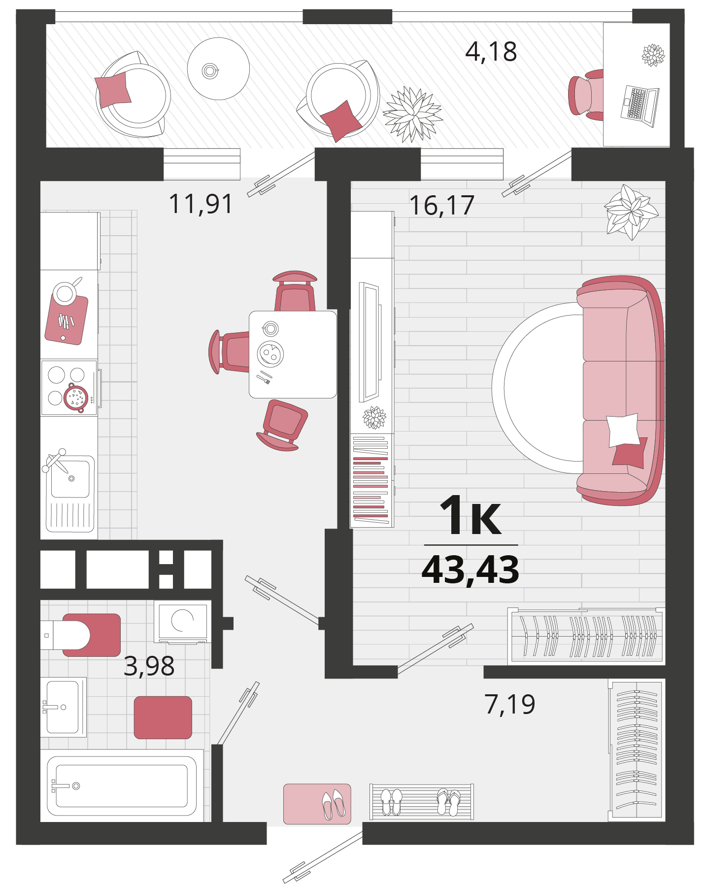 1-комнатная 43 м2 в ЖК Родные просторы корпус null этаж 8