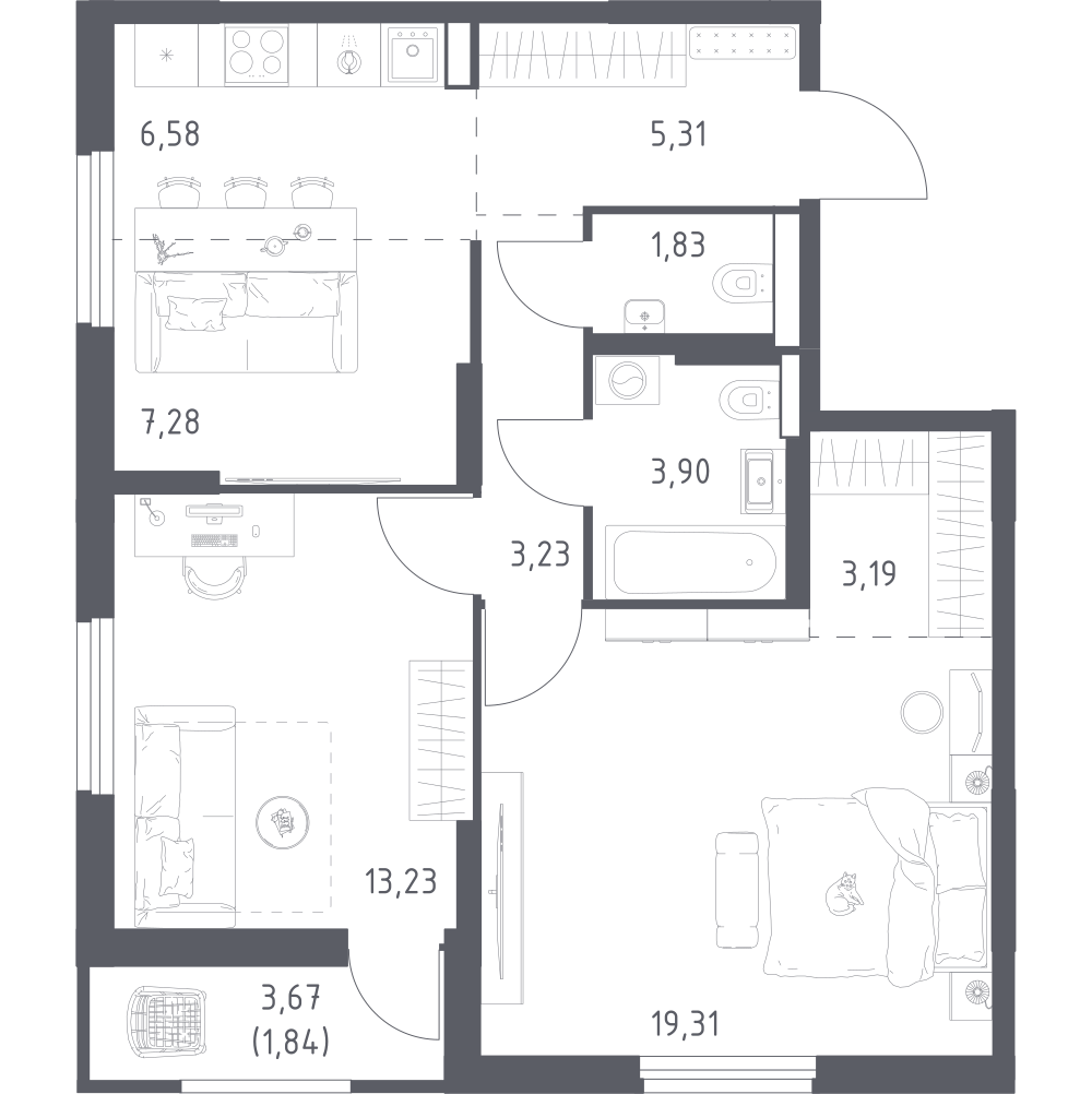 2-комнатная 65 м2 в ЖК Урбан Тау корпус null этаж 16