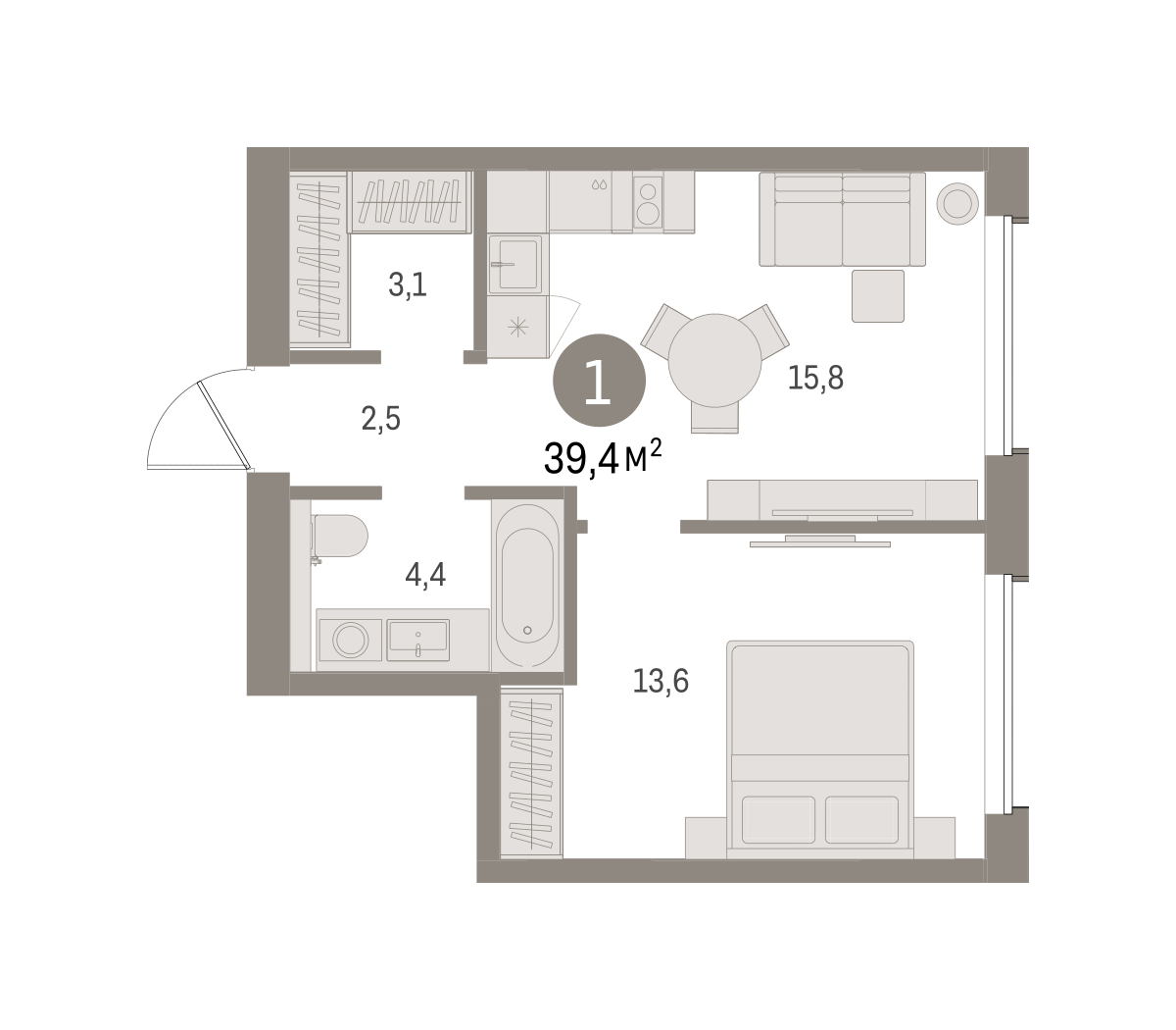 1-комнатная 39 м2 в ЖК Северный ветер корпус null этаж 8
