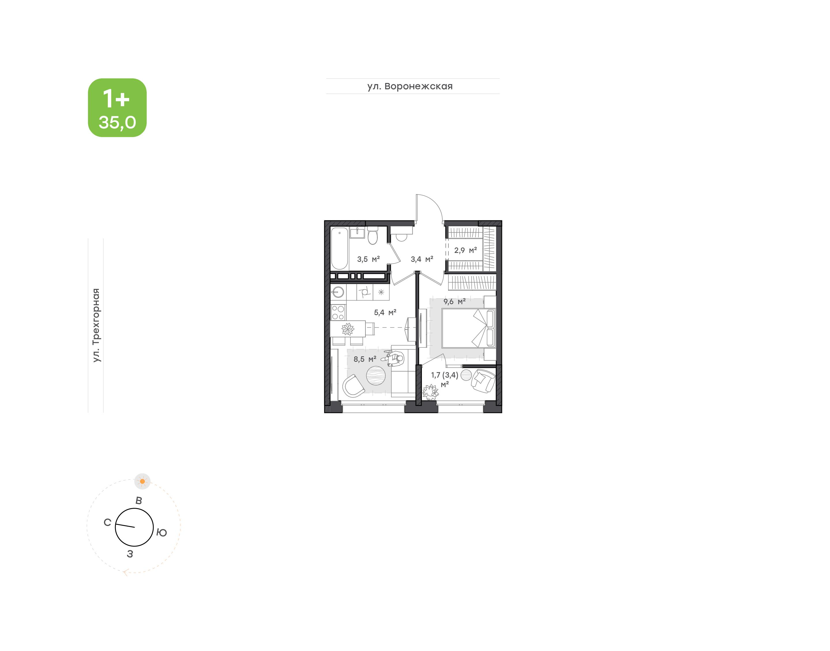 1-комнатная 35 м2 в ЖК Воронежский бульвар корпус null этаж 11